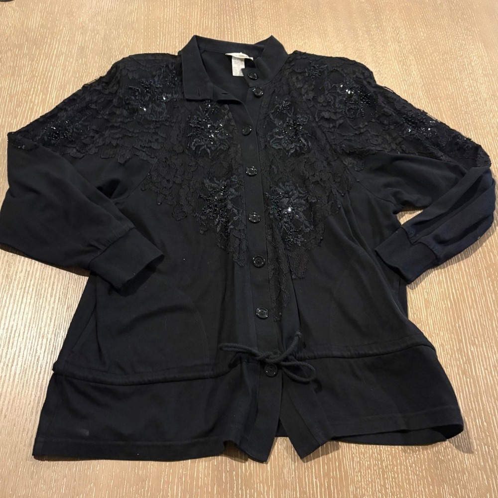 Vintage‎ MARISSA Black Lace Sequin Button Blouse Goth Coquette Glam Medium USA